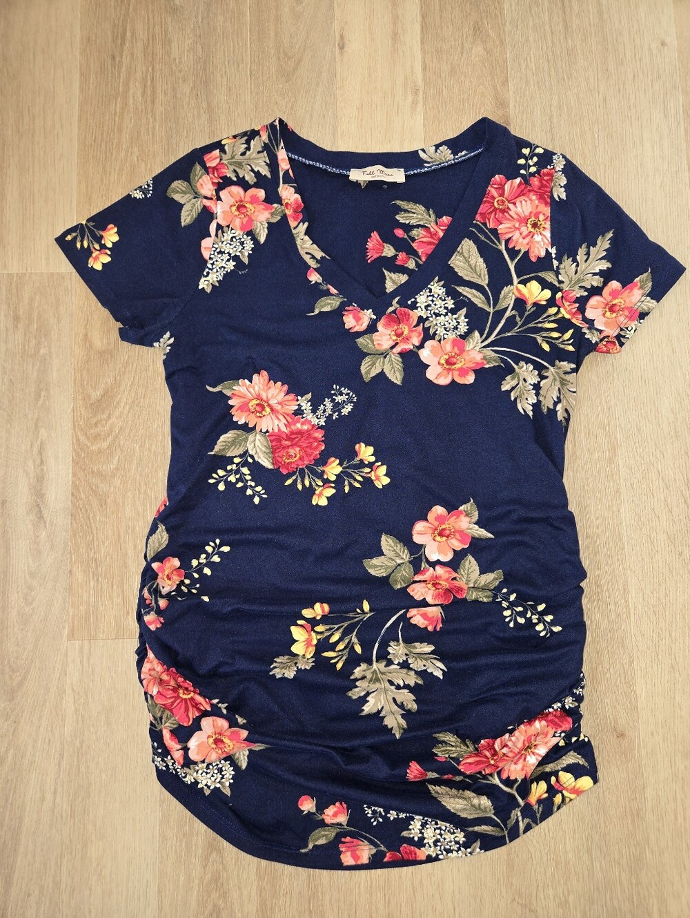 Full Moon Maternity V-Neck Floral Tee - Navy with Pink Blooms, Size Medium